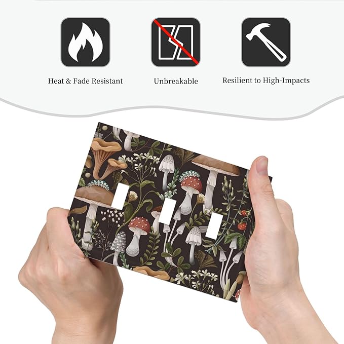 Cute Funky Black Boho Hippie Bohemian Mushroom Vintage Aesthetic Botanical Plant Floral Leaves 3 Gang Three Device Mid Size Plug Socket Wall Plate Triple Toggle Outlet Light Switch Plate Cover Dimmer
