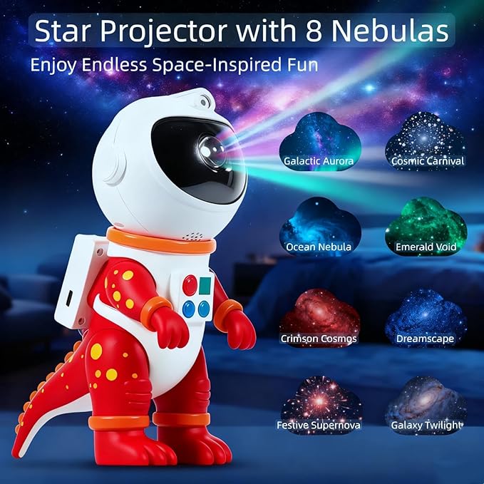 Galaxy Star Projection Night Light, Dinosaur Astronaut Space Projector with Timer, Remote Control, 8 Lighting Modes, Green Nebula Effects for Kids Room Ceiling Decor(Red)