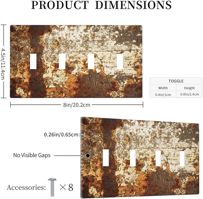 Light Switch Covers Vintage Metal Rust Texture Peeling Paint Quad Toggle Electrical Faceplate 4 Gang Wall Plate Decorative Switch Plates For Farmhouse Cabin Decor