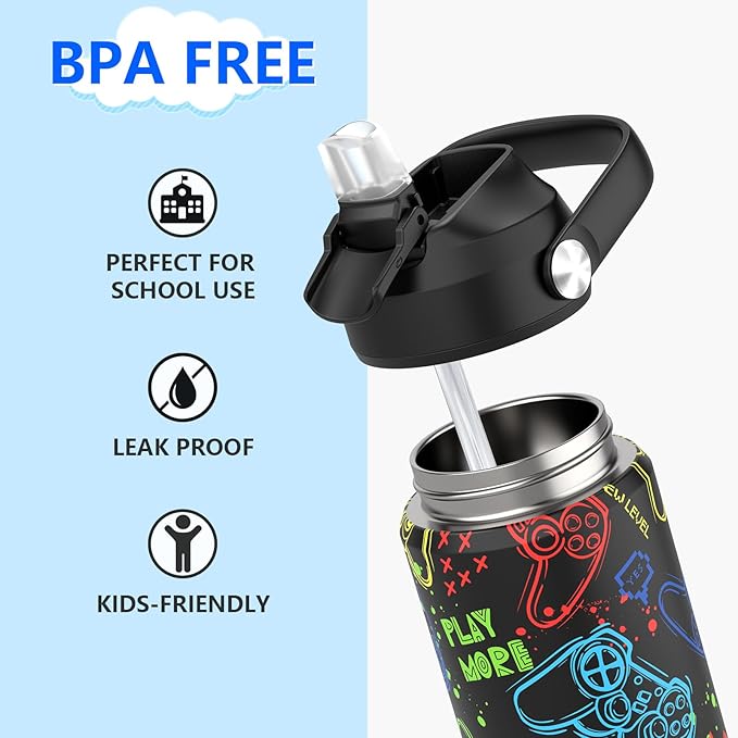 Boys Water Bottle with Straw,18 oz Kids Insulated Cups with Stainless Steel Leak Proof for School,Sport&Travel（Game）
