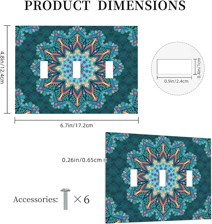 Light Switch Cover Boho Hippie Colorful Mandala 3 Gang Wall Plate Triple Light Switch Plate Toggle Decorative Outlet Covers Electrical Switchplate for Bathroom Home Decor