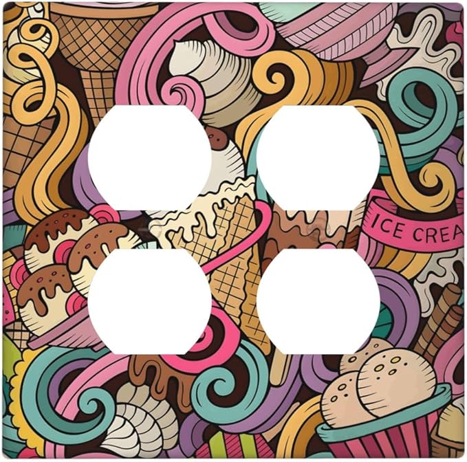 Cartoon Hand Drawn Ice Cream Doodles Colorful Print Outlet Covers 2 Gang Double Duplex Decorative Light Switch Covers Electrical Wallplates Socket Faceplate for Kids Room Nursery Decor