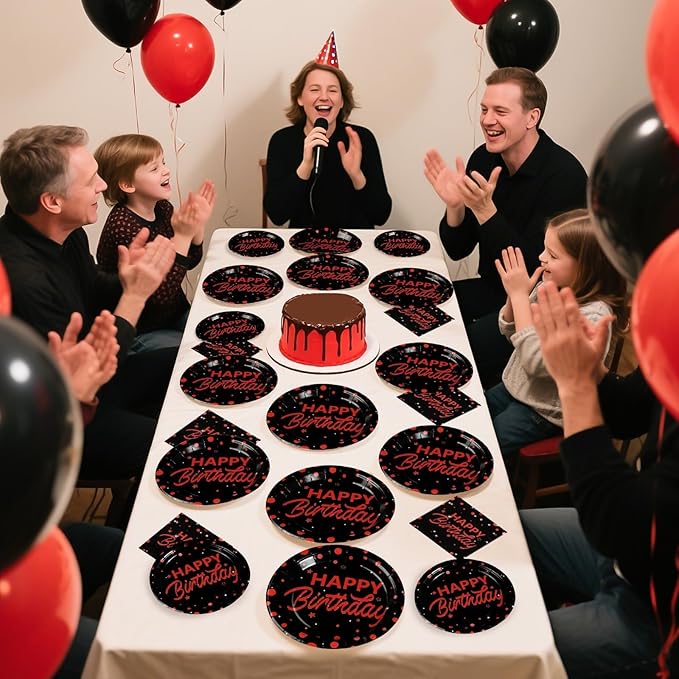Grencian 96Pcs Red and Black Birthday Party Decorations Red Polka Dots on Black Paper Plates and Napkins Disposable Dessert Tableware for Men Women Birthday Party Graduation Decorations 2026 Serves 24