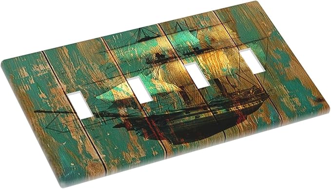 Light Switch Covers Rustic Green Wood Grain Sailboat Quad Toggle 4 Gang Wall Plate Electrical Faceplate Decorative Switch Plates for Farmhouse Bedroom Decor