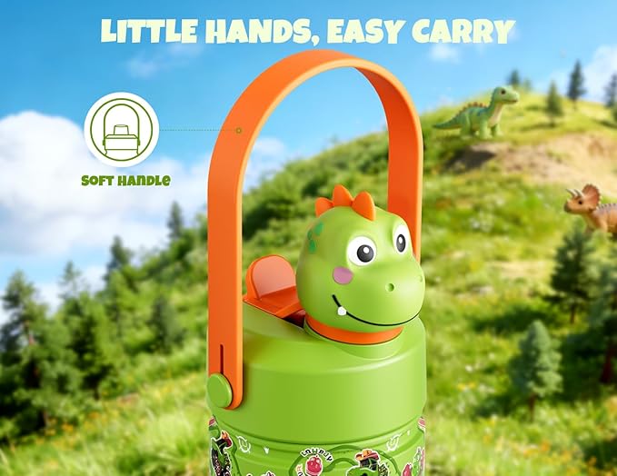 POWCAN 12 oz Kids Stainless Steel Water Bottle: 2-in-1 Straw Spout Lid with Soft Animal Head, Leakproof, Car Cupholder Friendly, Keep Cold 24H, Insulated Bottle for School, Sports, Camp (Cowboy Rex)