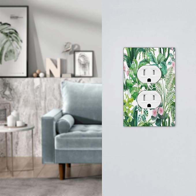 Tropical Palm Leaves Green Jungle Botanical Floral Flowers Outlet Covers 1 Gang Duplex Light Switch Cover Decorative Switch Plates Electrical Receptacle Faceplate Wall Plate for Bedroom Living Room