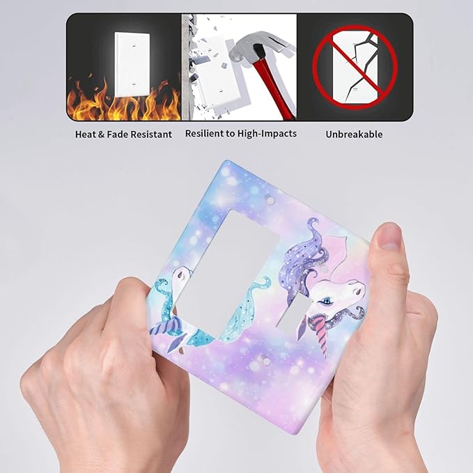 Girl Purple Pink Rainbow Blue Unicorn 2 Gang Single Toggle/Decorator Combination Light Switch Cover Decorative Combo 1-Toggle/1-GFCI/Rocker Wall Plate Cover