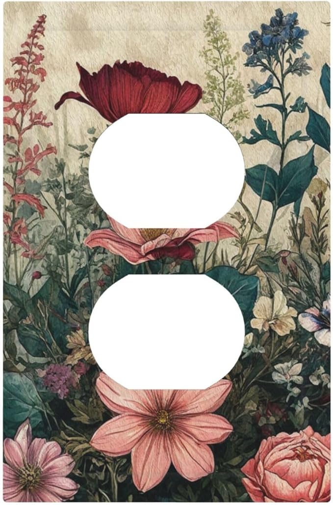 Decorative Outlet Covers Rustic Wildflower Red Floral Green Plant 1 Gang Duplex Light Switch Cover Plate Wall Plates for Electrical Outlets Electrical Switchplate Face Plate