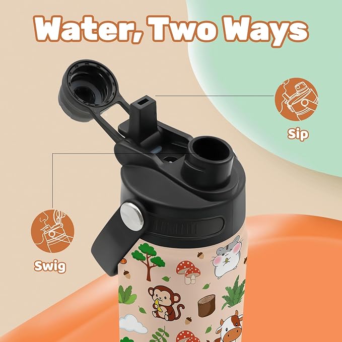 Insulated Water Bottle 18oz, Animal Gifts Water Bottle with 2-in-1 Straw and Spout Lid, Cute Animal Cup Leakproof, Animals Cup Coffee Travel Mug for Animals Lovers, Gift Ideal for Girls Boys