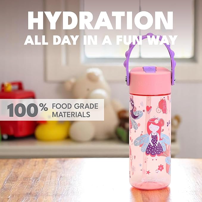Elemental Water Bottles for Kids - Splash Kids Water Bottle for School with Pop-it Handle - BPA Free Tritan Plastic Water Bottle with Straw Leak Proof when Spout is Closed - Fairy Princess - 18oz