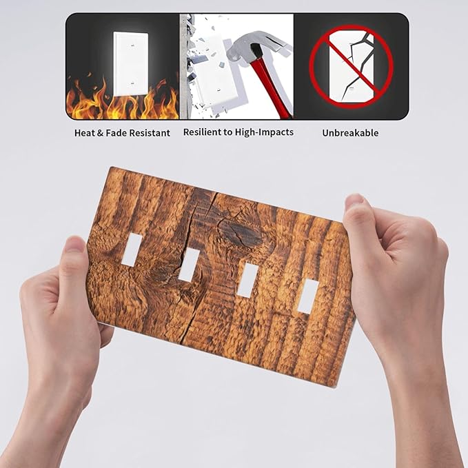 Brown Wood Grain Rustic Natural Burl Print Light Switch Covers Quad Toggle Electrical Faceplate 4 Gang Wall Plate Decorative Switch Plates Cover for Farmhouse Home Decor