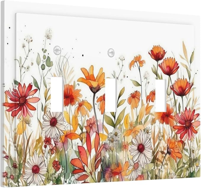 Watercolor Wild Flower Floral Daisy Plant Decorative Switch Plates 3 Gang Wall Plate Triple Toggle Light Switch Cover Faceplate Electrical Wall Panels for Bedroom Living Room Decor