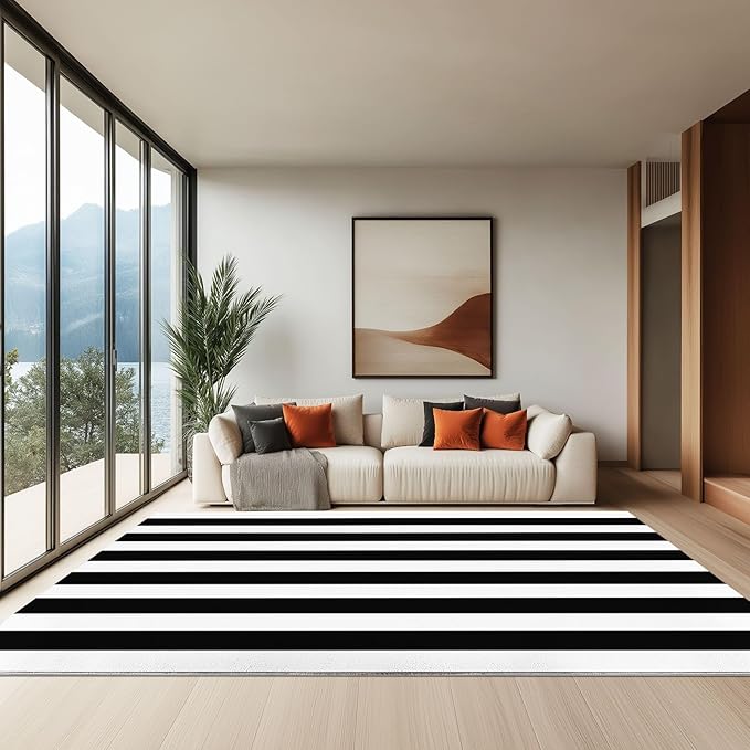 Black and White Flannel Rug Geometric Horizontal Stripes Machine Washable Area Rug, 5 x 8 ft Non Slip Rugs for Living Room Bedroom Office Kids Playroom Decor Carpet Mat