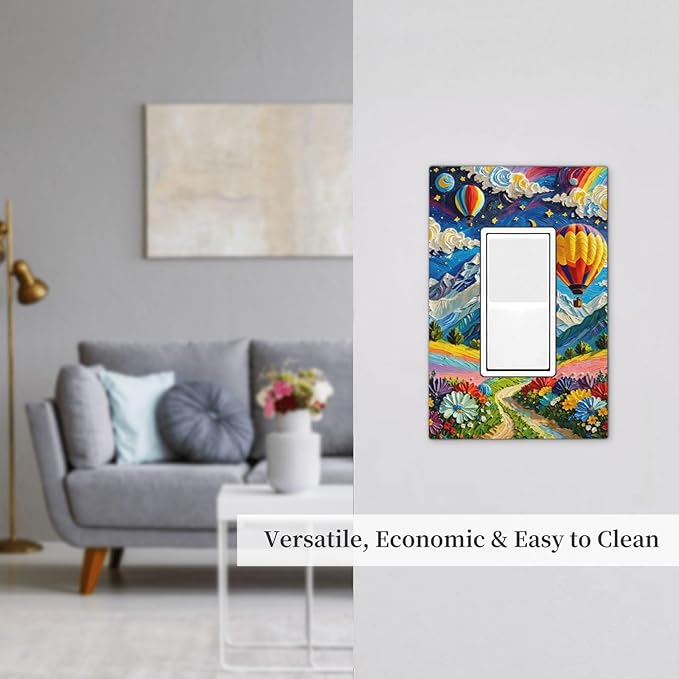 Hot Air Balloons Floral Vibrant Colors Flowers Mountains Stars Moon Decorative Outlet Covers 1 Gang Single Rocker Wall Plates Gfci Faceplate Light Switch Cover Plate for Bedroom Kids Room