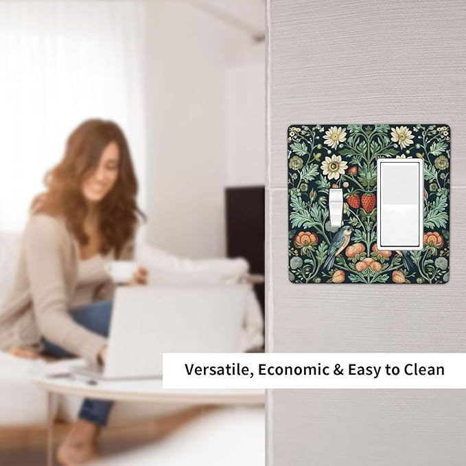 Light Switch Cover Plate Strawberry Birds Flowers Plant Morris Floral 2 Gang Combo Wall Plates Toggle Rocker Decorative Switch Plates and Outlet Covers for Bathroom Bedroom Decor