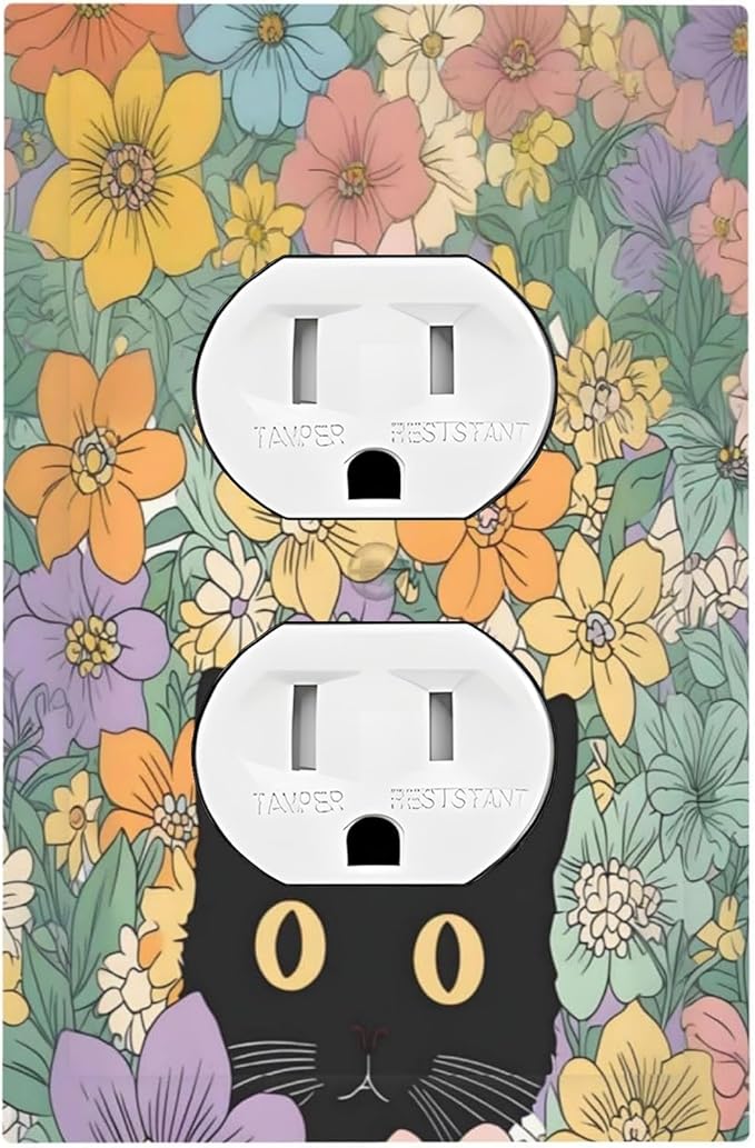 Outlet Covers Funny Cute Cartoon Cat Floral Colorful Flower 1 Gang Duplex Light Switch Cover Decorative Switch Plates Electrical Receptacle Faceplate Wall Plate For Kids Room Nursery