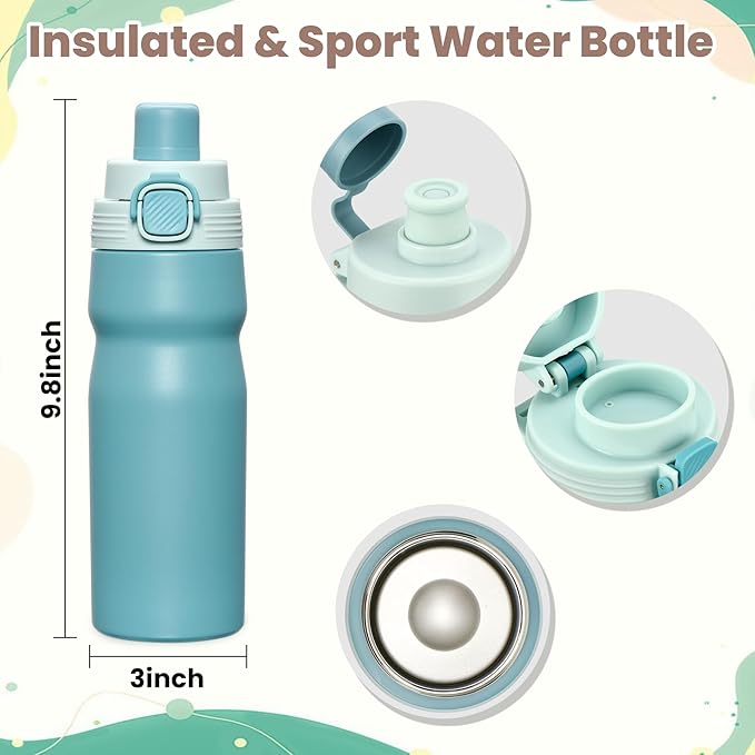PIQUEBAR Kids insulated Water Bottle 17oz & Sport Water Bottle 24oz Set, Stainless Steel Metal Vacuum Water Bottles, Leakproof Tritan Sport Water Bottles for School Boys Girls, Blue
