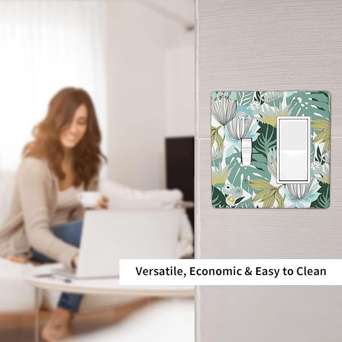 Retro Tropical Leaves 2 Gang Toggle Rocker Combo Wall Plates Decorative GFCI Device Outlet Cover Receptacle Electrical Faceplate Switchplate for Bedroom Bathroom Kitchen Decor