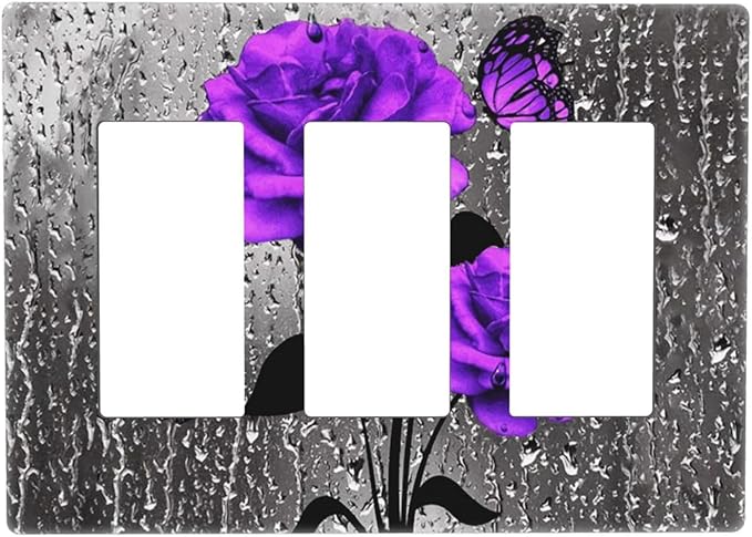 Purple Gray Rose Butterfly 3-Gang Rocker/Decorator Wall Plate Cute Romantic Gray Blossom Flowers Floral Decorative Screwless Triple Device Light Receptacle GFCI Outlet Switch Faceplate Cover Dimmer