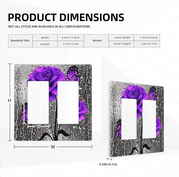 Fashion Woman Purple Grey Rose Flowers Butterfly 2 Gang Double Decorator GFCI/Rocker Wall Plate Vibrant Blossom Floral Art Electrical Outlet Decorative Receptacle Cover Light Switch for Dimmer, USB