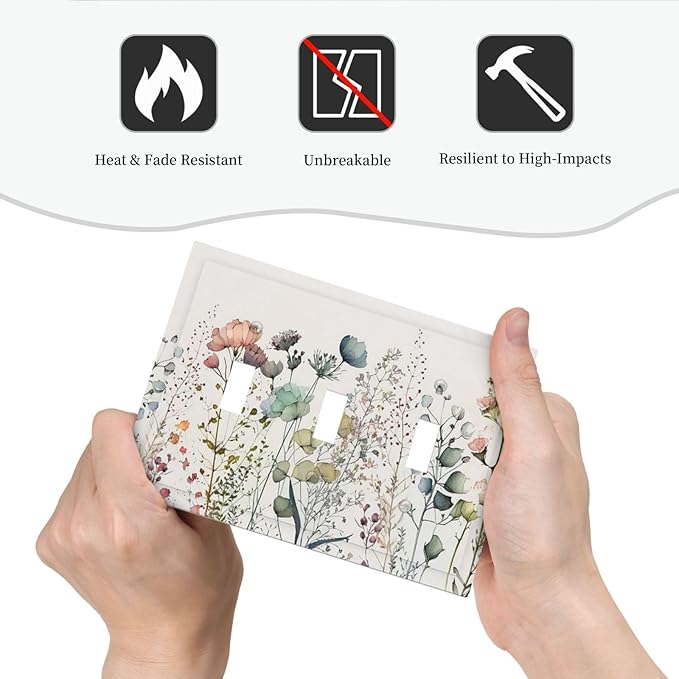 Spring Garden WildFlower Blossom Triple Toggle Device Switch Wall Plate 3-Gang Light Switch Cover Tan/Beige Flower Boho Floral Bontay Sage Herb Decorative Decorator Wallplate Switchplate Room Decorate