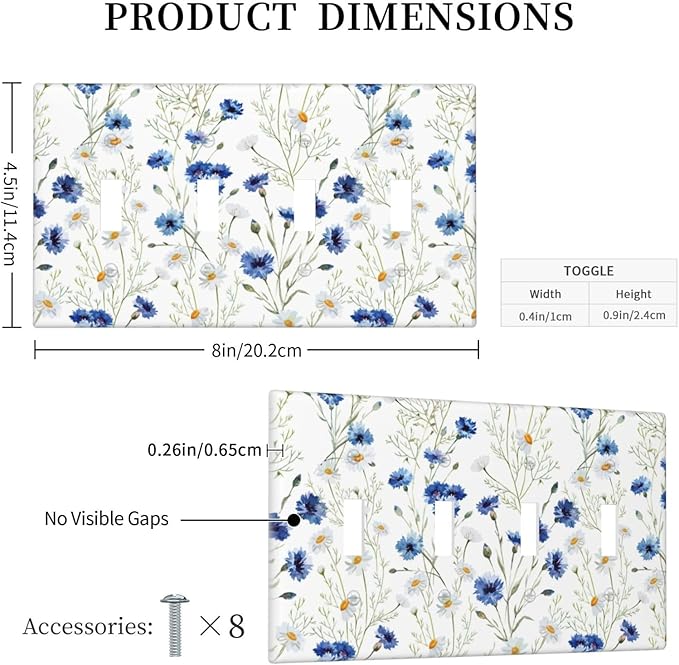 Light Switch Cover Plate Watercolor Daisy Blue Floral Vintage Plant 4 Gang Quad Toggle Decorative Switch Plates Wall Panels Electrical Wall Plates Faceplate for Bedroom Home Decor