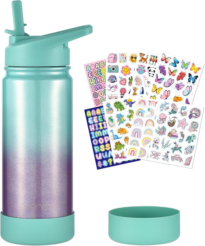 Mininoo Girls Water Bottle for School, 16oz Stainless Steel Insulated Metal Water Bottle with Straw Lid for Boys (Aurora)