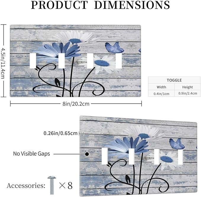 Blue White Daisy Flower Butterfly Rustic Wood Board Light Switch Covers Quad Toggle Electrical Faceplate 4 Gang Wall Plate Decorative Switch Plates Cover for Farmhouse Bedroom Decor
