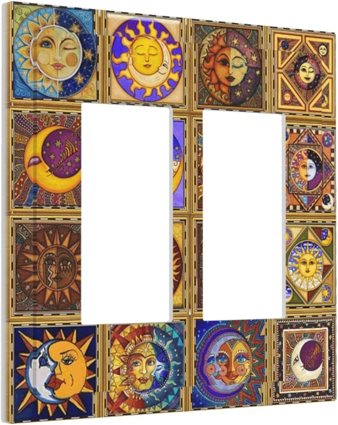Mexican Talavera Tiles Star Pattern Celestials Theme Print Decorative Outlet Covers 2 Gang Double GFCI Rocker Electrical Wall Panels Light Switch Cover Plate for Kitchen Home Decor