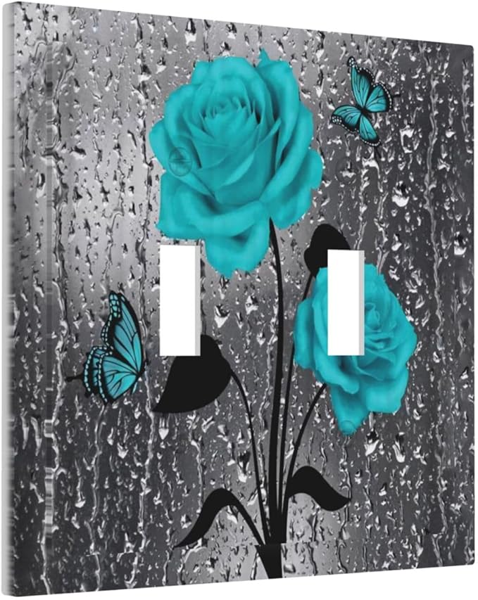 Aqua Turquoise Teal Blue Gray Rose Flower Floral Decorative Double Toggle Wall Plate Outlet Light Switch Cover 2-Gang Valentine's Day Romantic Pretty Butterfly Woman Electrical Receptacle Jumbo Size