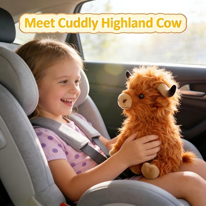 OROZCOR Highland Cow Stuffed Animal, Cute Fluffy Cow Plush Figure Toys,Realistic Farm Highland Cattle Plush Decor Gifts for Kids Baby Girls Boys (Brown Highland Cow)