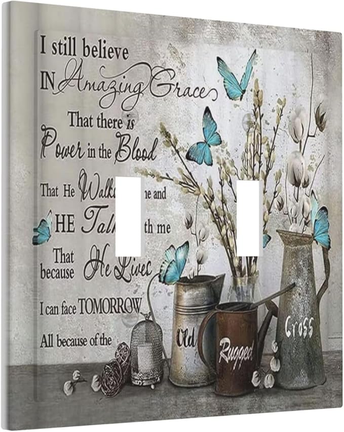 Blue Butterfly Rustic Flower Inspirational Quotes Double Toggle Light Switch Covers 2 Gang Wall Plate Dual Decorative Switchplate Electrical Faceplate for Farmhouse Country Bedroom Kitchen Decor