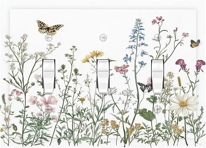 Decorative Switch Plates Rustic Wildflowers Butterfly Colorful Floral 3 Gang Wall Plate Triple Toggle Light Switch Cover Faceplate Electrical Wall Panels For Bed Room Living Room Decor