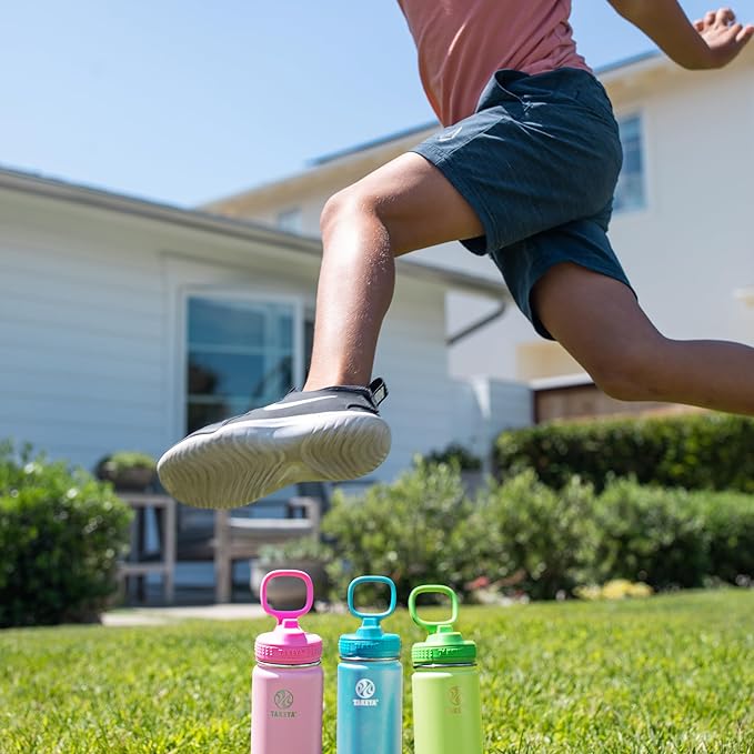 Takeya Actives Kids Water Bottle 18 oz Stainless Steel Double Wall Insulation BPA-Free Leakproof Straw Lid Easy Carry Handle Reusable Ideal for Boys and Girls, School, Sports - Glow Worm Blue