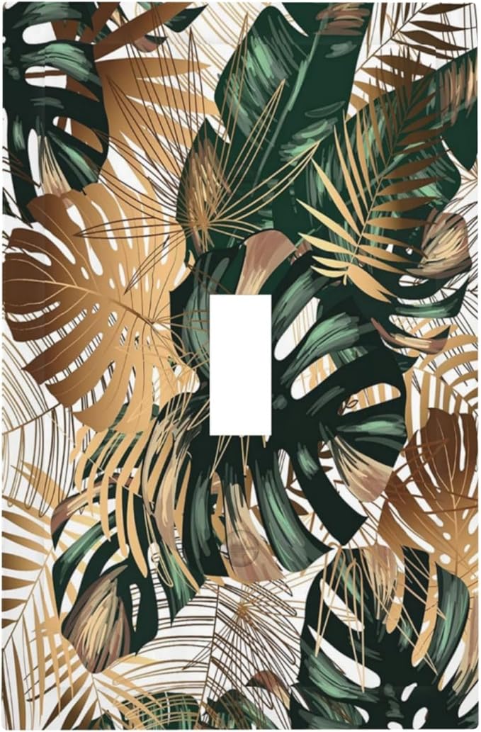 Green Tropical Leaves Gold Palm Leaf Botanical 1 Gang Light Switch Covers Decorative Unique Single Toggle Wall Plate Switchcover Electrical Switchplate for Kitchen Bathroom Bedroom Decor