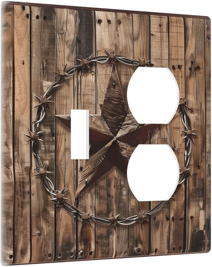 Outlet Covers Rustic Star Western Cowboy Wood 2 Gang Decorative Switch Plates 1 Toggle Duplex Combo Light Switch Cover GFCI Electrical Wall Plates for Farmhouse Home Decor