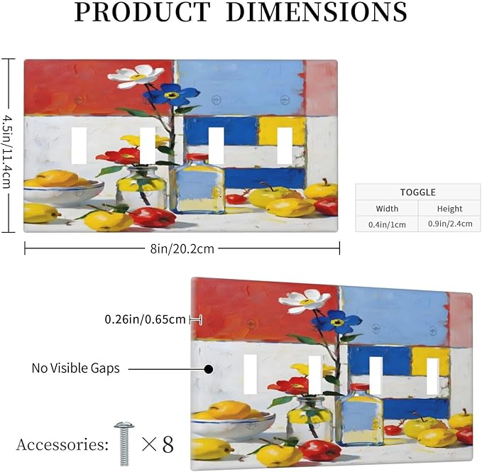 Color Block Floral Still Life Art Red Yellow Blue Abstract Light Switch Covers Quad Toggle Electrical Faceplate 4 Gang Wall Plate Decorative Switch Plates Cover for Farmhouse Bedroom Decor