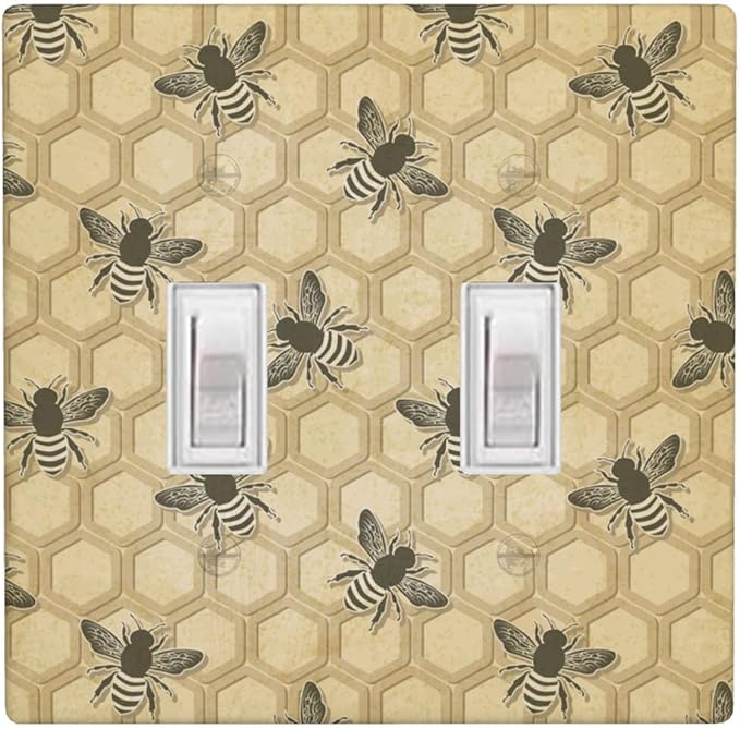 Honey Bee Honeycomb 2-Gang Double Toggle Switch Plate, Vintage Bee Wall Plate for Home, Office, Sunroom & Kitchen