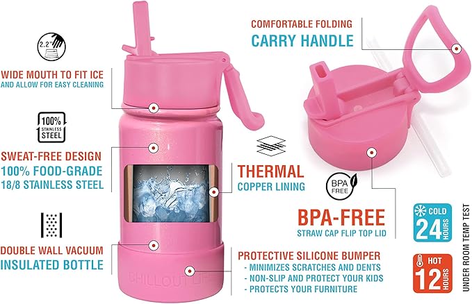 CHILLOUT LIFE 12 oz Kids Insulated Water Bottle for School with Straw Lid Leakproof and Cute Waterproof Stickers, Personalized Stainless Steel Thermos Flask Metal Water Bottle, Pink Sparkle