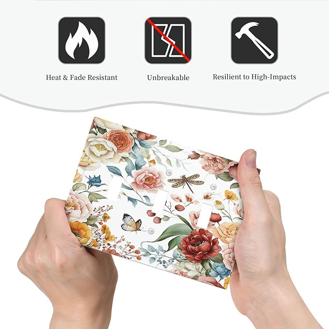 Rustic Style Colorful Peony Butterfly Dragonfly Decorative Switch Plates 3 Gang Wall Plate Faceplate Electrical Wall Panels Triple Toggle Light Switch Cover for Bedroom Living Room Decor