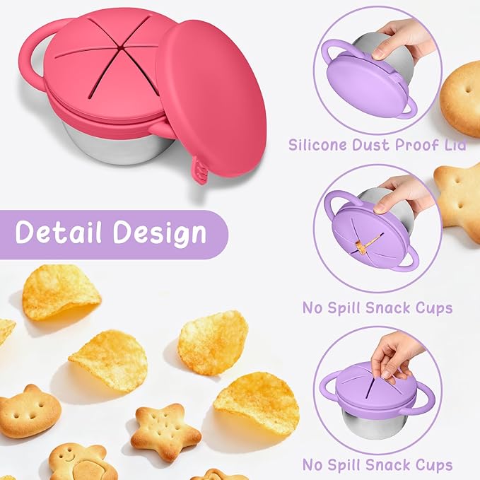 2 Pack Baby Stainless Steel Snack Containers for Kids with Spill Proof Food Grade Silicone Lids & Handles 9 OZ Baby Snack Cups No Spill Toddler Snack Box for Mess-Free Snacking