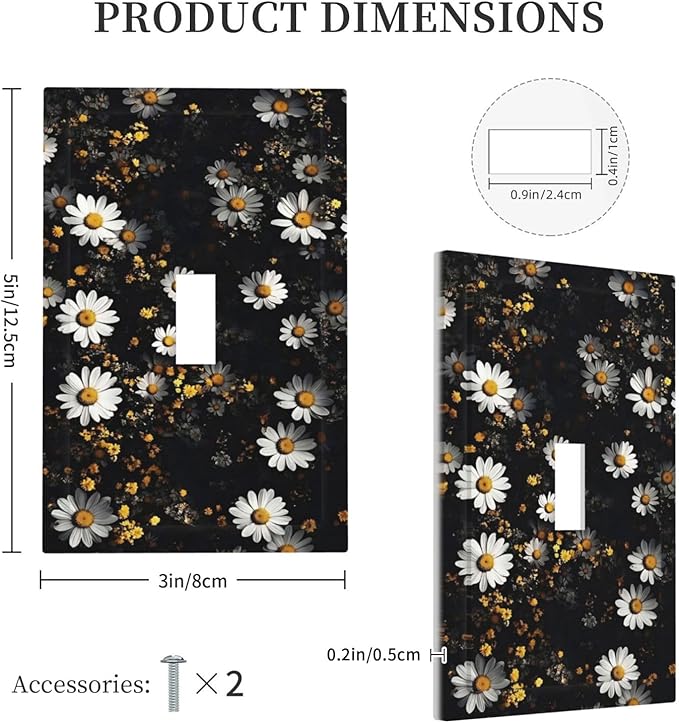White Black Daisy Wildflower Modern Chrysanthemum Decorative Light Switch Cover 1 Gang Single Toggle Device Electrical Faceplate Switchplates Decorator Outlet Wall Plate for Bedroom Farmhouse Decor