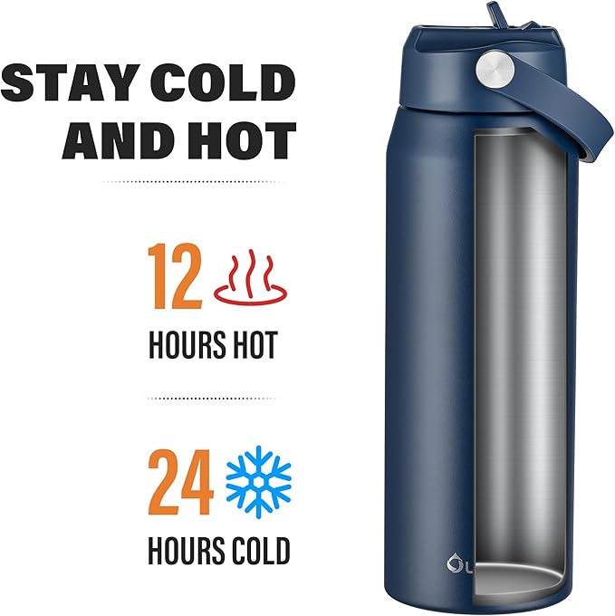 Oldley 24oz Insulated Water Bottle with Straw, Stainless Steel Water Bottle for Sports, Travel, School, BPA-Free Sports Bottles for Adult Kids, Leak-Proof, Navy Blue