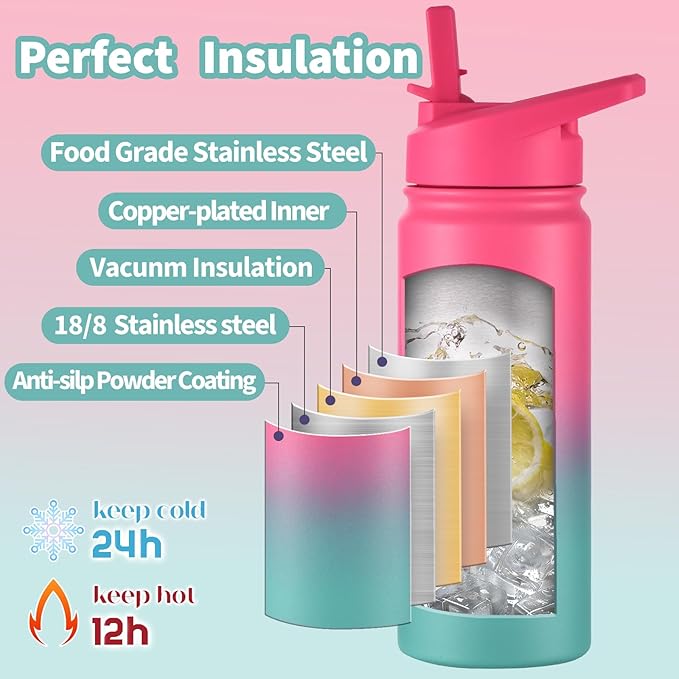 Mininoo Girls Water Bottle for School, 16oz Stainless Steel Insulated Metal Water Bottle with Straw Lid for Boys (Punch/Green)