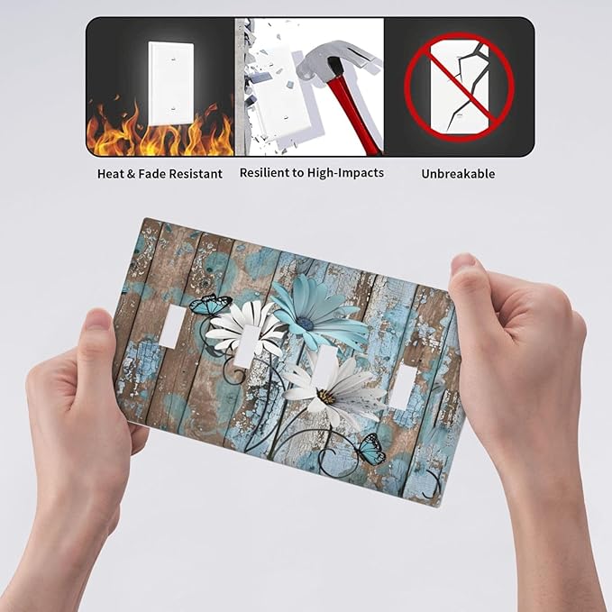 Light Switch Covers Rustic Flower Teal Turquoise Daisy Butterfly Quad Toggle Electrical Faceplate 4 Gang Wall Plate Decorative Switch Plates For Farmhouse Cabin Decor