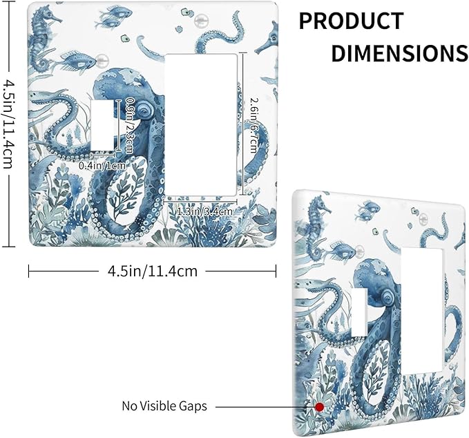 Blue Octopus Squid Seahorse Coral Watercolor Wild Sealife Outlet Covers 1 Toggle 1 Rocker Combination Decorative Wall Plate Electrical Switch Plates Light Switch Cover Plate for Bathroom Kids Room