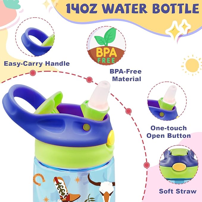 14oz Cowboy Kids Water Bottle with Straw - Western Water Bottle For School, Leakproof, Lightweight, Durable Plastic Bottles for Kids Travel, Pop-Up Straw Cover, Gift Cup for Boys Girls (Cowboy)