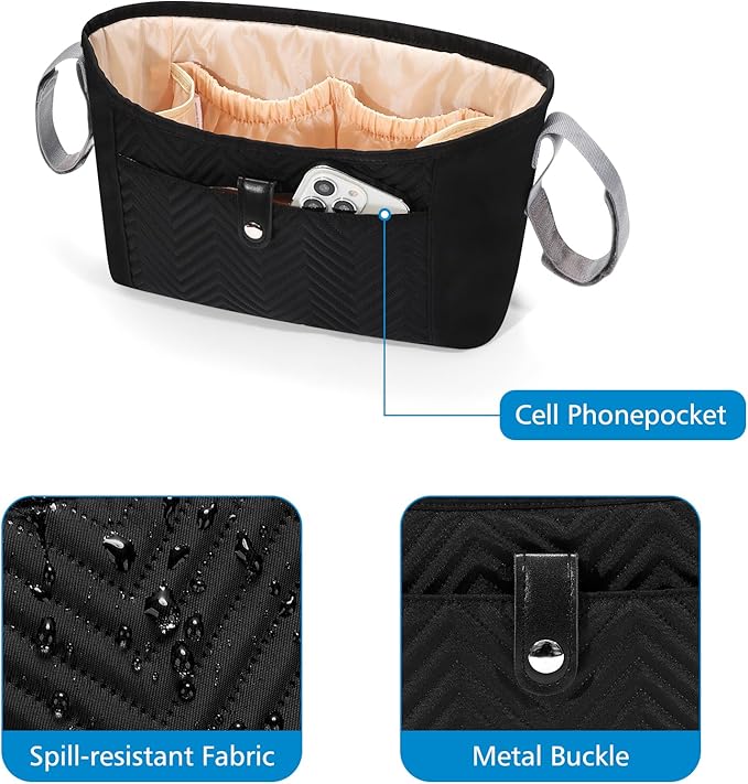 Accmor Universal Stroller Organizer, Stroller Bag Stroller Caddy Organizer, Stroller Accessories Fits for Uppababy, Baby Jogger, Nuna, Doona, Britax Strollers, Black