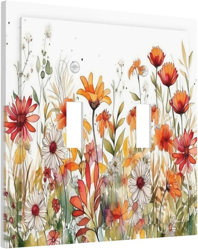 Watercolor Wild Flower Floral Daisy Plant Decorative Switch Plates 2 Gang Double Toggle Outlet Light Switch Cover Wall Plate Electrical Faceplate for Bedroom Living Room Decor