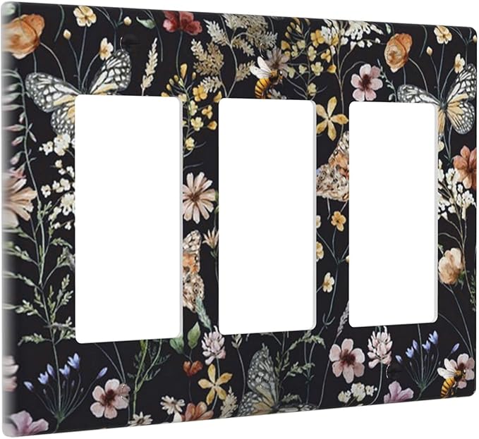 Vintage Flower Leaves Triple Rocker Wall Plates Butterfly Light Switch Plate Covers Decorative Dark Backgrounds GFCI Lightswitch Faceplate Cute Bees Dimmer Decor for Bedroom Kitchen Bathroom
